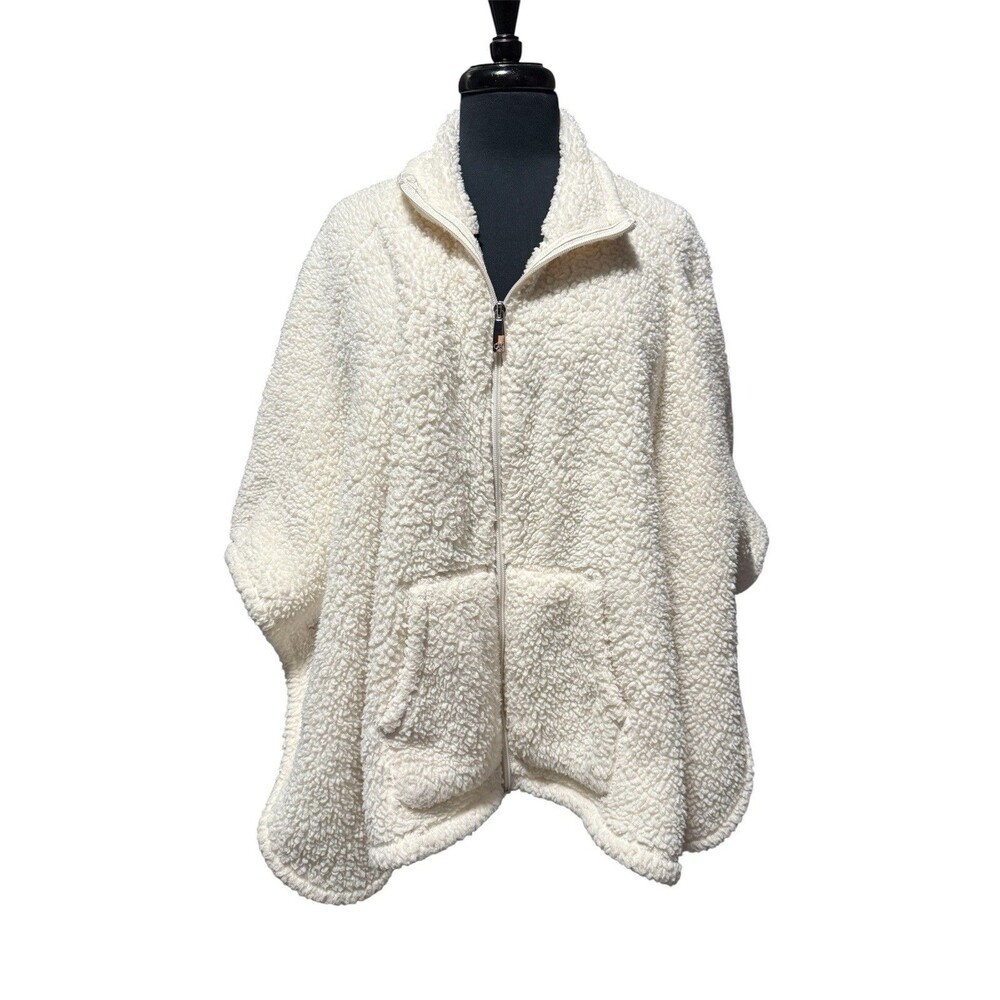 Calvin Klein Women’s Cream Sherpa Fleece Zip Poncho Jacket with Pockets One Size